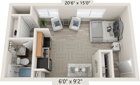 a 1 bedroom floor plan with a bathroom and a living room